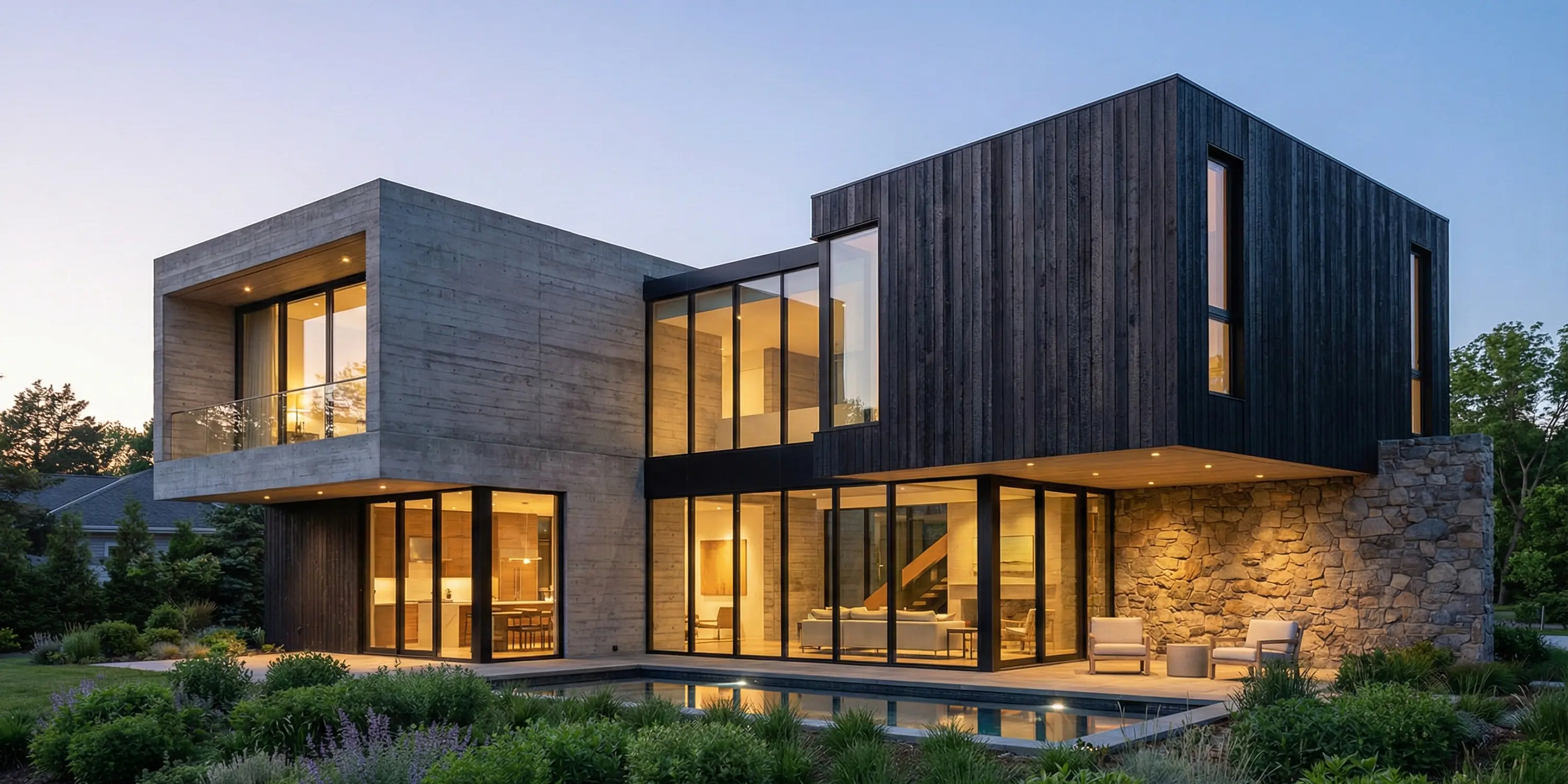 residenza moderna con vetrate e design minimale